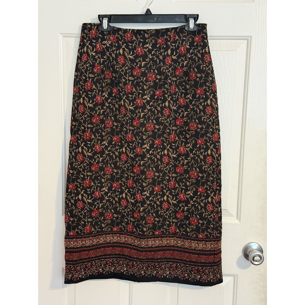 Vtg Briggs Black Red Floral Granny Romantic Pencil Midi Skirt Size 12P  Lined